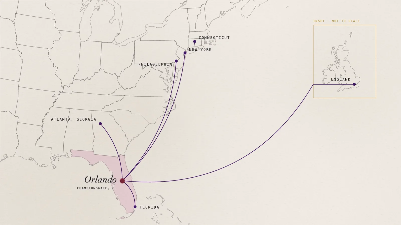 The journey map. Each arc lands on the city as the organizer names it.