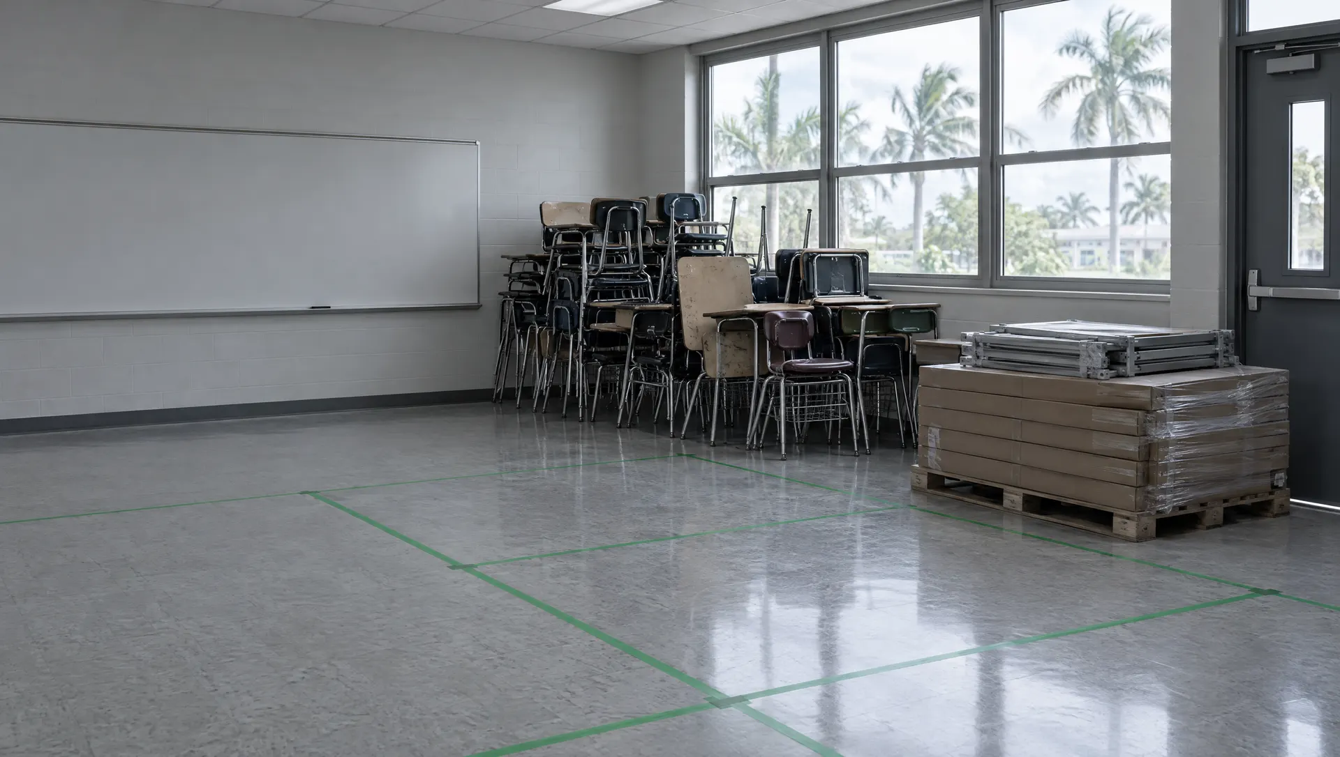 High school campuses: before (illustration of furniture changeover and removal)