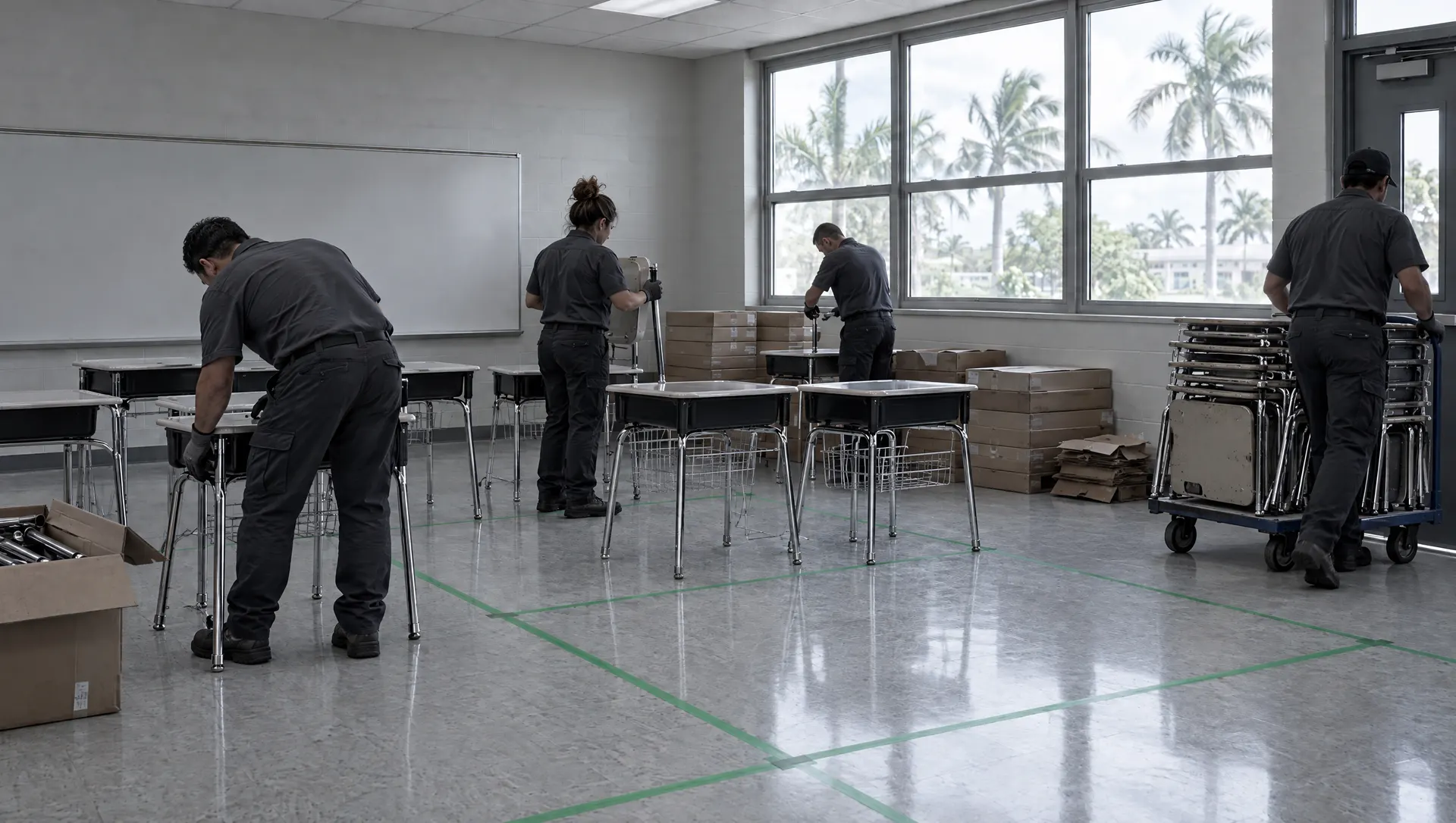 High school campuses: work (illustration of furniture changeover and removal)