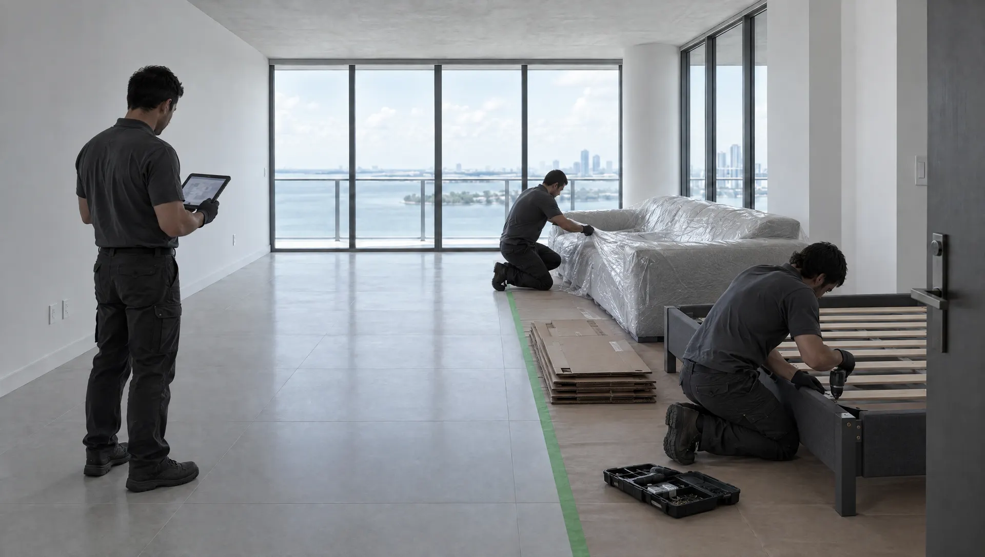 40-floor residential tower: work (illustration of delivery and furniture installation)