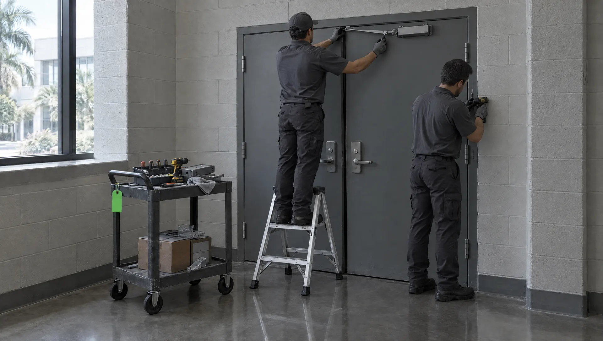 Illustration of two technicians repairing a steel service door