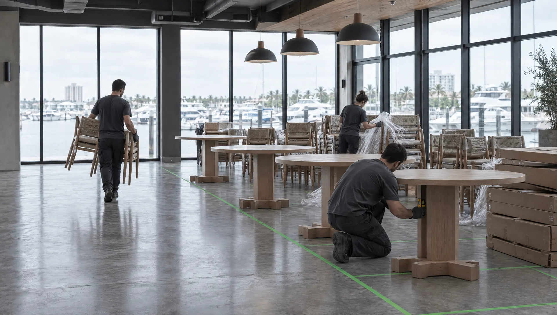 Waterfront hospitality: work (illustration of ff&e installation)
