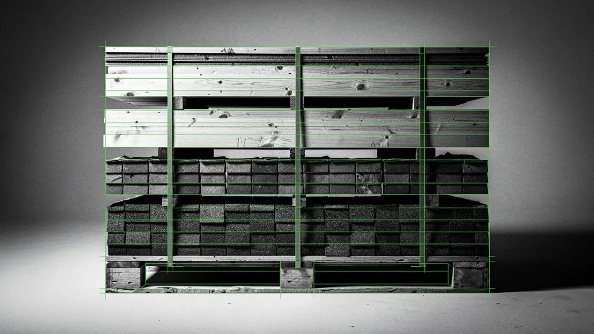 Illustration of stacked lumber strapped to a wooden pallet