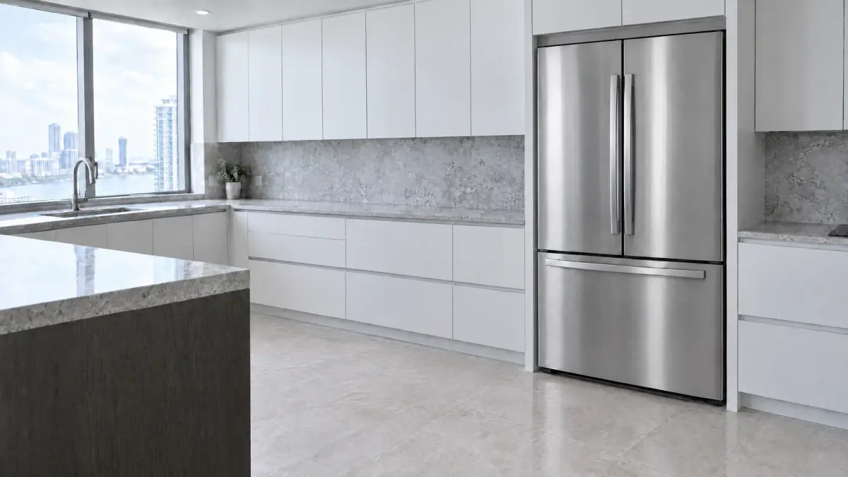 Illustration of a finished condo kitchen with a stainless refrigerator and white cabinetry