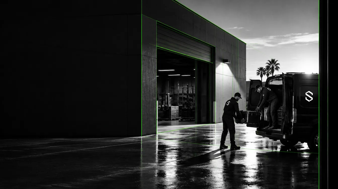 Illustration: two technicians unloading a tool case from a service van at a commercial loading entrance at dawn