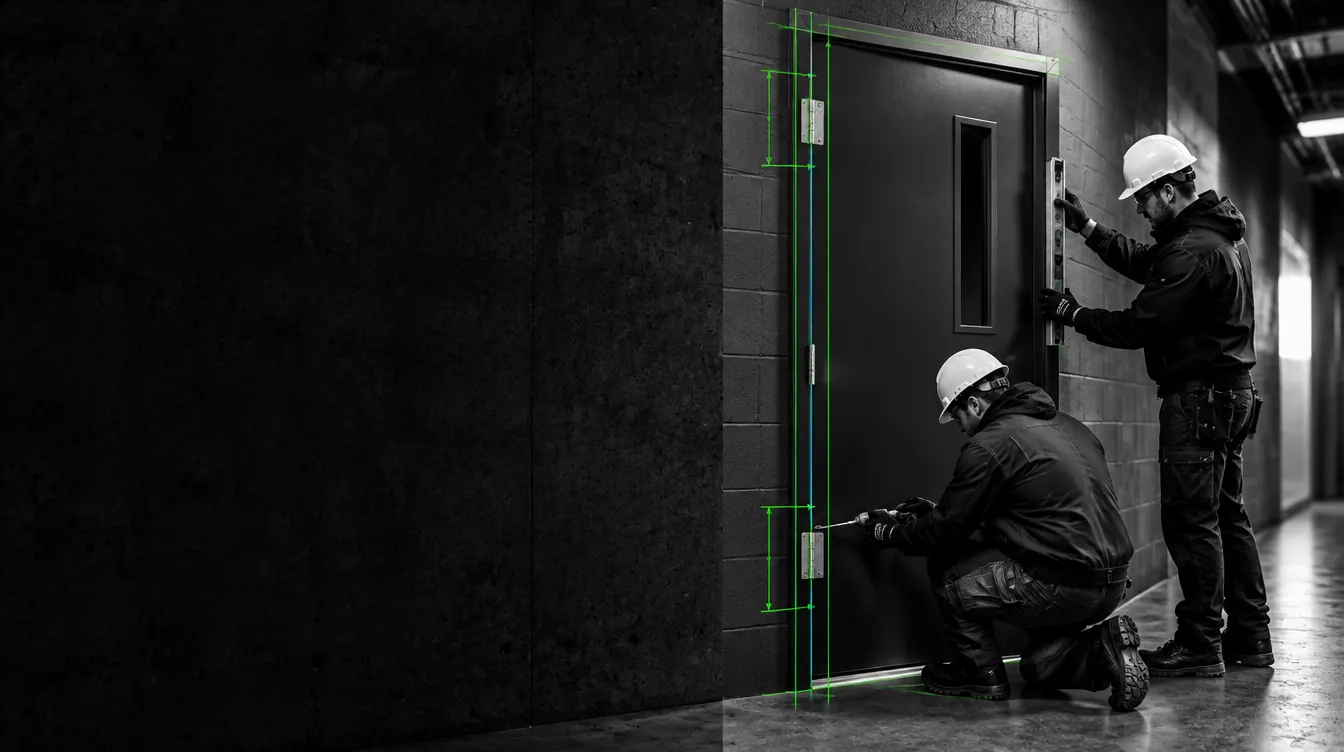 Illustration: two installers aligning a steel service door on its hinges