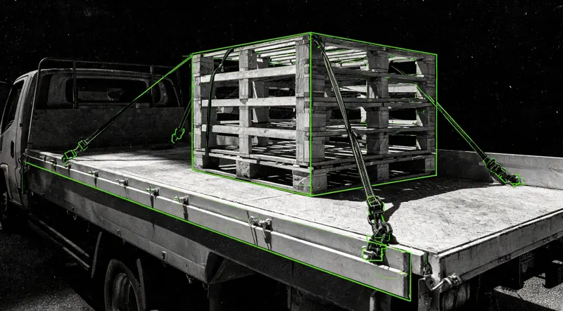 A pallet strapped to a flatbed truck