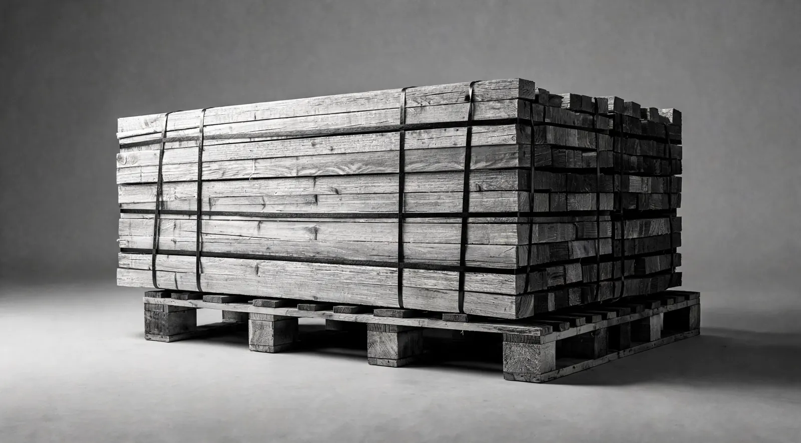 A pallet stacked with lumber and strapped tight