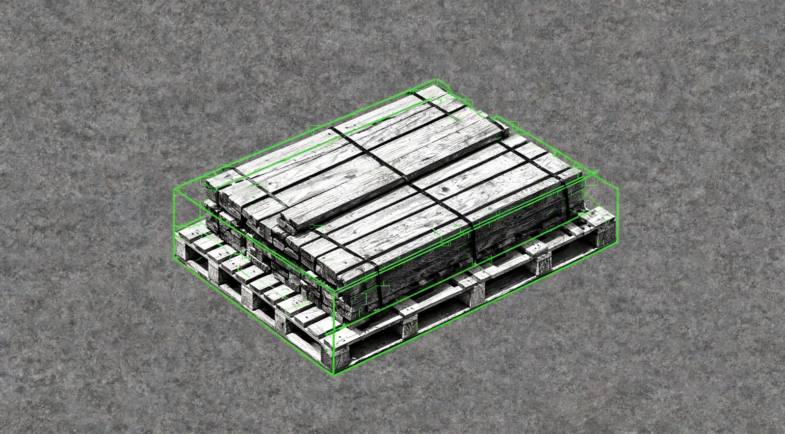 A loaded pallet seen from above as a plan, outlined in green
